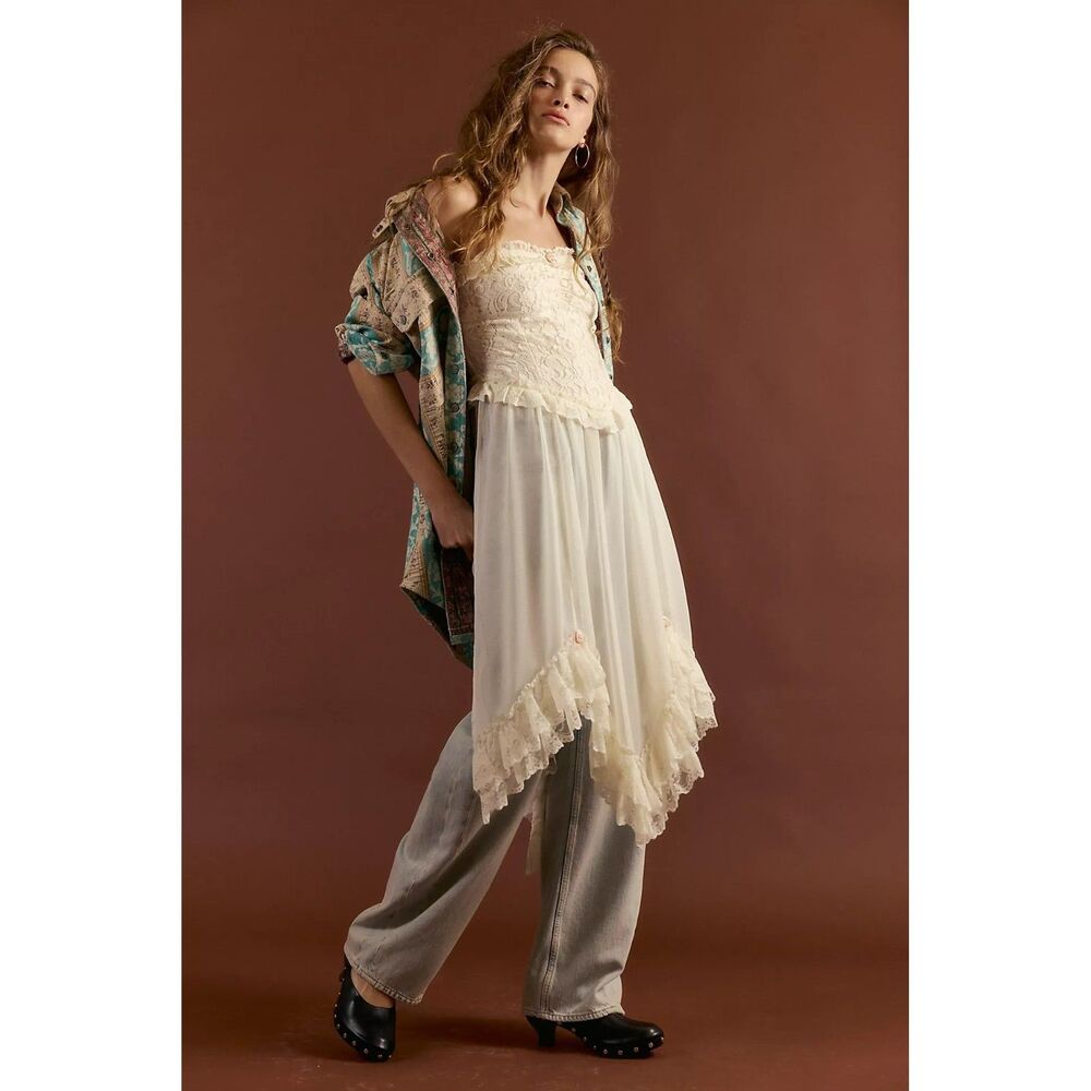 Free People Jocelyn Maxi Tunic Top Women's Tube Smocked Sheer Cotton XS 288747